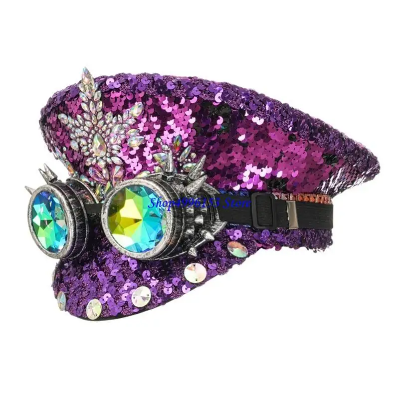

Q0KE Heavy Crystals Captain Hat with Beaded Sequins for Bachelorette Party Dancing