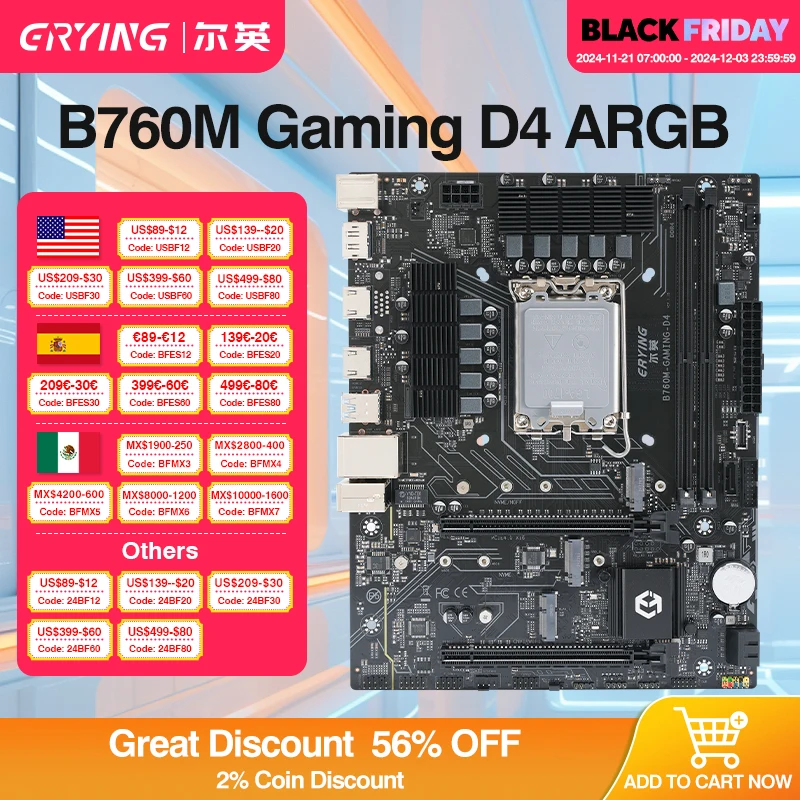 ERYING B760M Gaming D4 Motherboard LGA1700 Support Core i3/i5/i7/i9 12th/13th/14th CPU 12400F 12490F 12600F 12700F 13600F 14400F