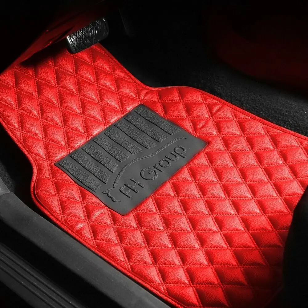 Universal Leather Floor Mats for Car Auto Diamond Pattern Red