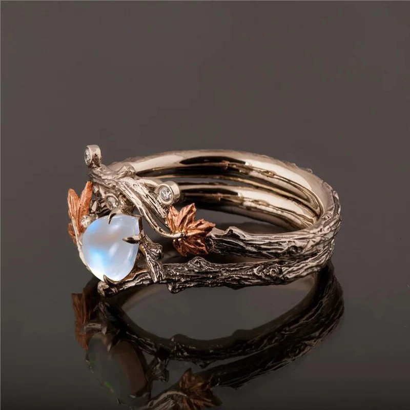 Gold Twig Maple Leaf Moonstone Ring Set para Mulheres Vintage, Antigo, Nupcial, Jóias De Casamento, Noivado, Presente De Aniversário, Moda