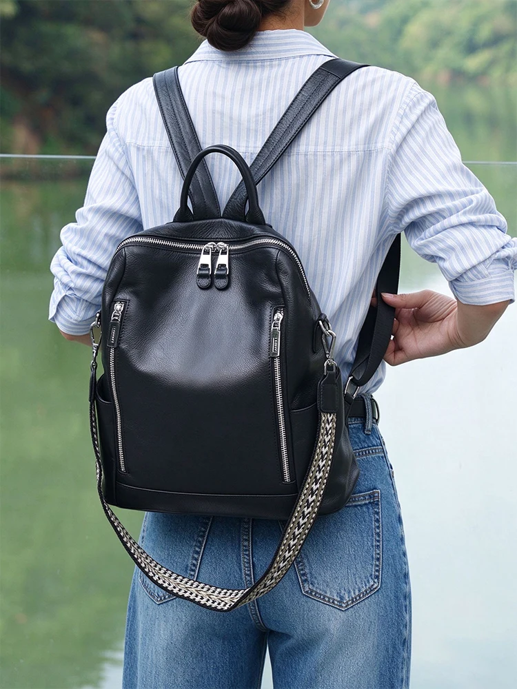Zency Fashion Genuine Leather Backpack Knapsack Multi-pocket Day Pack Travel Convertible Shoulder Bag for Fall Winter Commuter