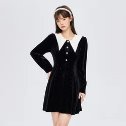 Semir Dress Women Velvet Love Contrasted Color Large Lapel 2023 Winter New Slim Long Sleeve Little Black Dress