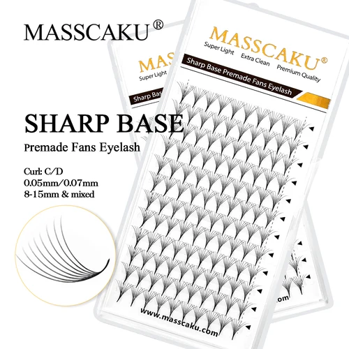 MASSCAKU Base afilada tallo estrecho ventiladores prefabricados extensión de pestañas 0,07mm 6D-20D Base puntiaguda delgada ventiladores rusos maquillaje de volumen listo