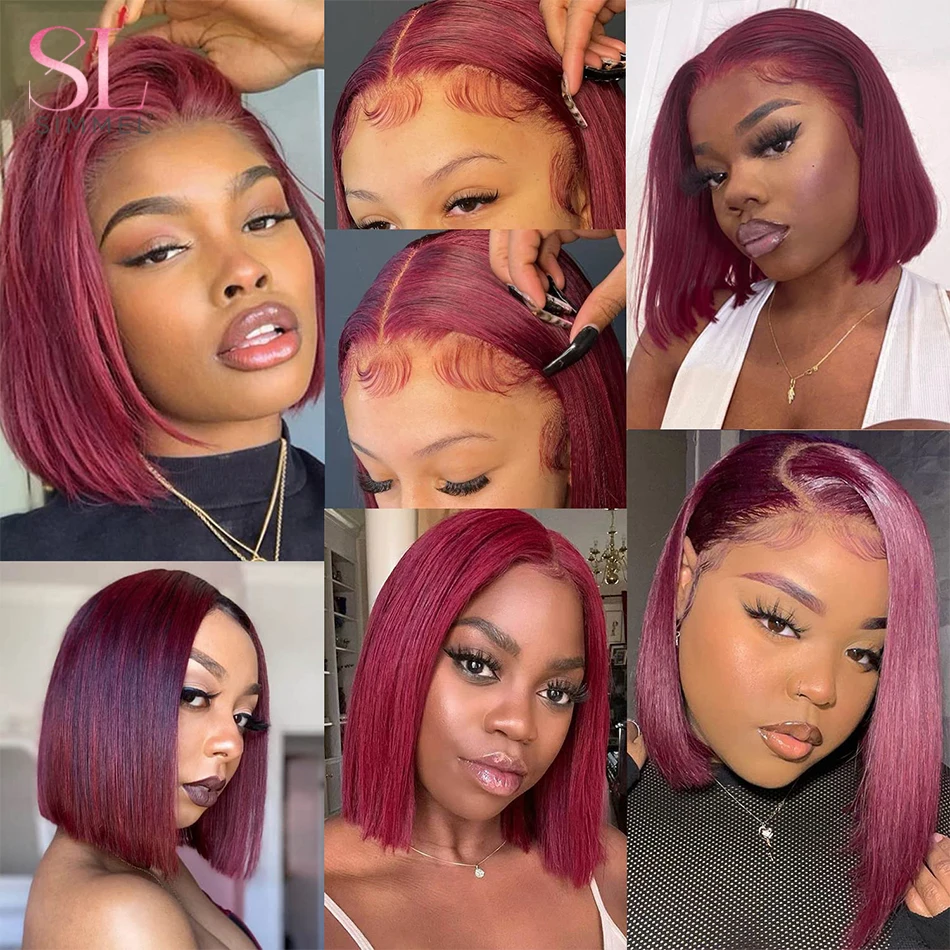 99J Red Bob Wigs Lace Frontal Human Hair Pre Plucked Short Straight Bob Wig Brazilian Remy Hair 13X4 Lace Wig On Seal Clearance