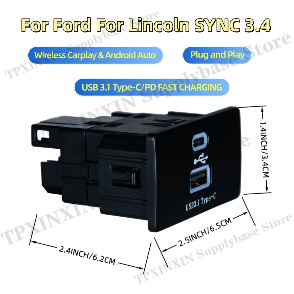 Wireless CarPlay Android Auto Adapter For Ford For Lincoln SYNC 3.4 USB Type-C PD Fast Charging Dongle Plug and Play Upgrade