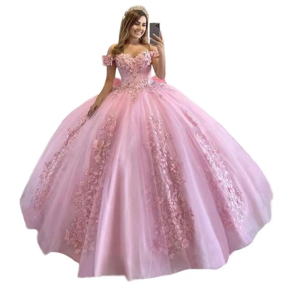 

Bealegantom Off Shoulder 3D Flower Quinceanera Dresses Ball Gown Puffy Tulle Lace Beaded Sweet 16 Formal Prom Party Gown QA201