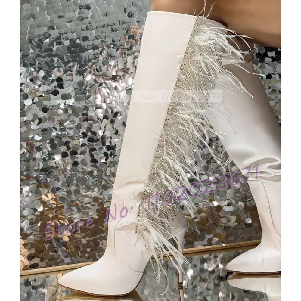 White Feather Knee High Boots Women Sparkling Rhinestone Tassels High Heels Shoes Girl's Fashion Side-zip Pointed Toe Chic Boots