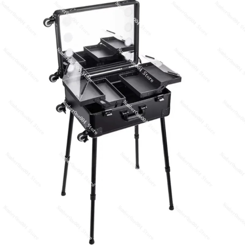 Professional Makeup Box Equipped with LED Lights and Hidden Support System Specifically Designed for Makeup Artists and Stylists