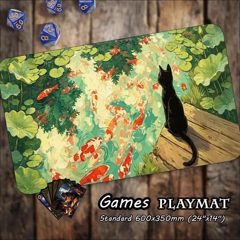 Black Cat Koi Pond Large Game Playmat Non Slip Rubber Pad Lotus Nature Art Tabletop Mat For Trading Card Board Game Desk Mat