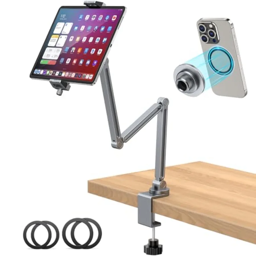 Desk-use aluminum iPad stand with clamp and magnetic ring head silver 360 adjustable for 4.7-13 tablets and phones