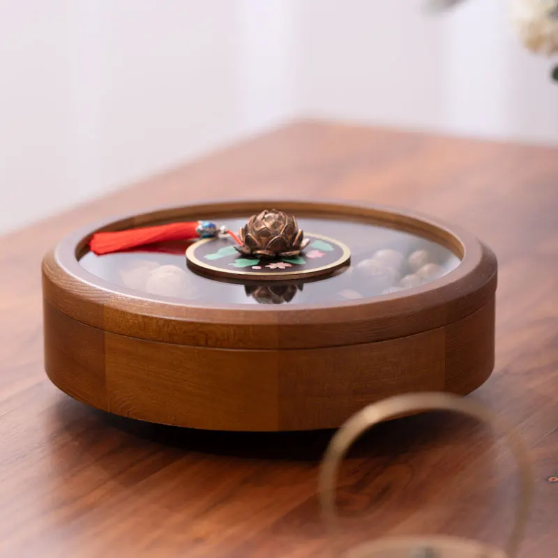 

Solid wood double-layer rotating storage box, living room household snacks, creative grid dried fruit box