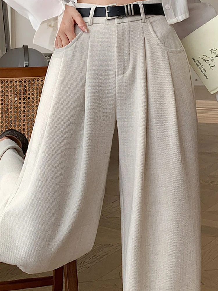 Calça de terno branco de cintura alta feminina, perna larga, solta, versátil, reta, moda coreana, calça elegante feminina, outono, nova, 2024