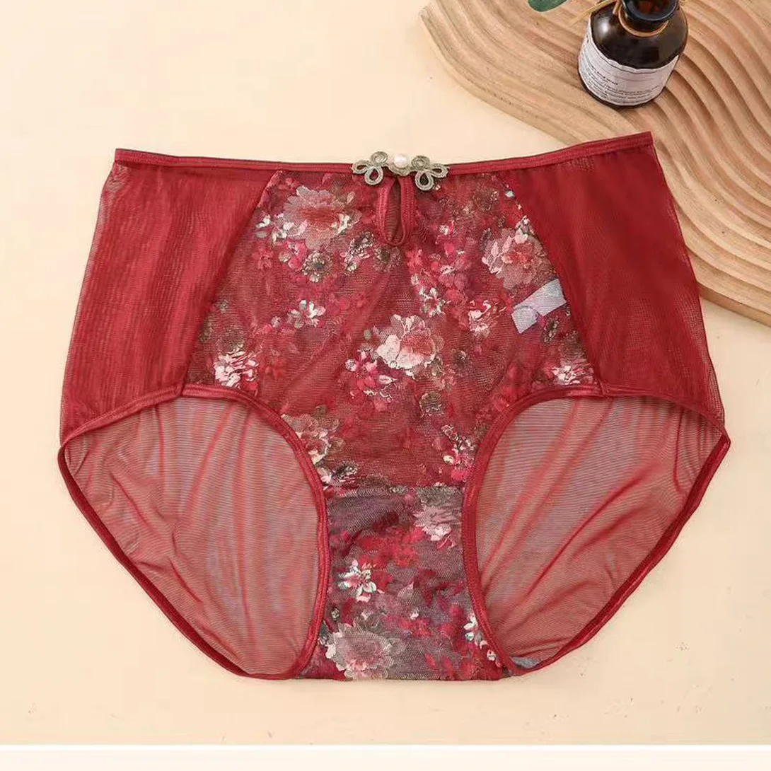 3Pcs/Lot Women\'s Panties High Waist Chinese Style Lace Jacquard  Interrogate Plus Size  5XL Transparent Female Underwears