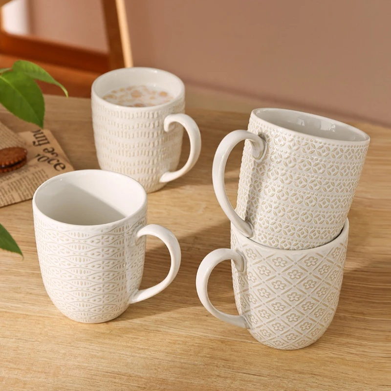 

Creative Embossed Mug Household Cereal Breakfast Mugs Milk Coffee Cup Water Cup Ceramic Cups Personalized Gift Drinkware Tea Bar