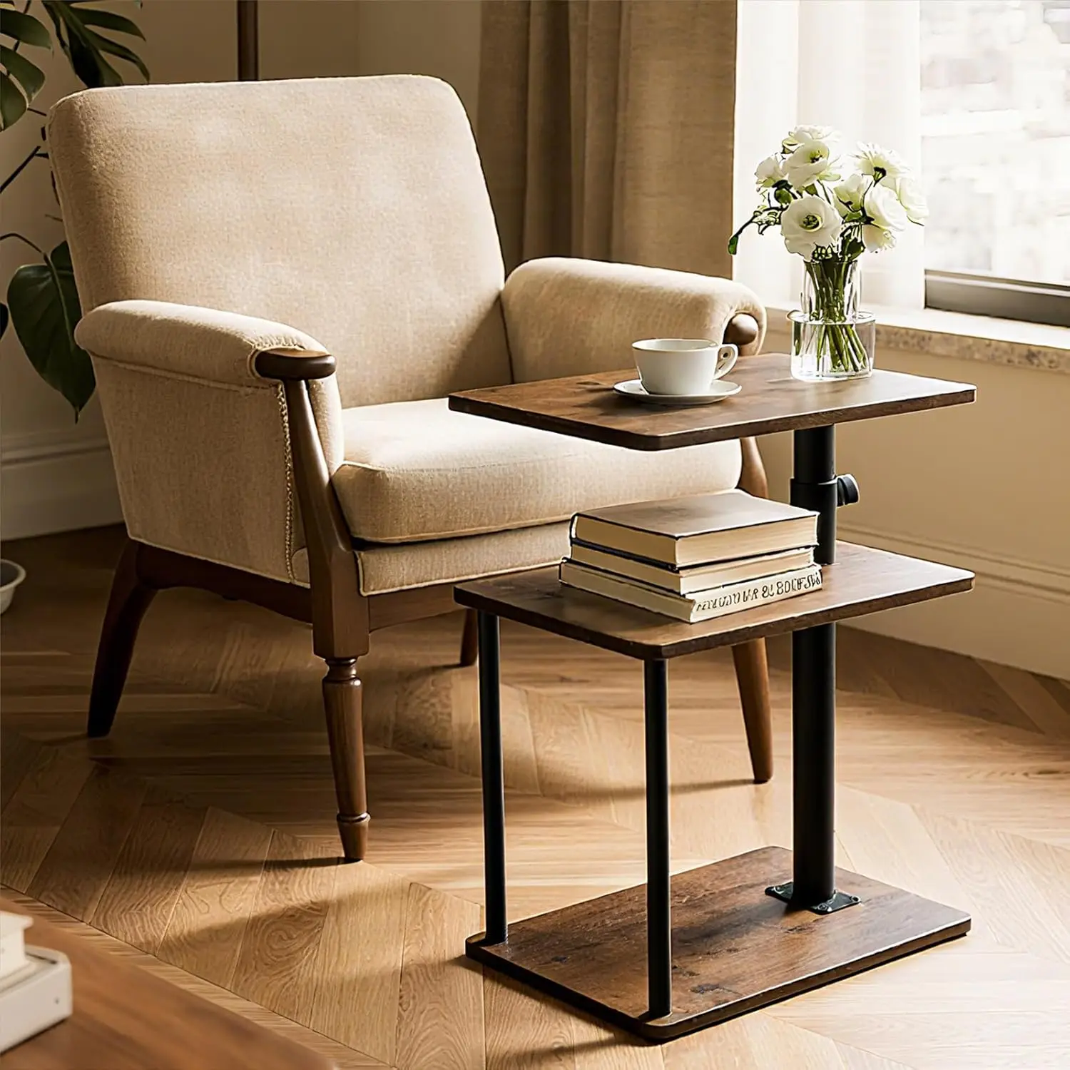360° Swivel Side Table for Height Adjustable, C Shaped End Table for Couch with Storage, 3-Tier Night Stand with Open Shelf,