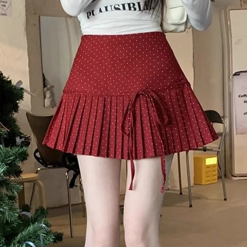 Fashion Polka Dots Mini Skirt Women Summer Sweet Bow High Waist Pleated Skirts A Line Casual Chic Zipper Simple Female Skirt New