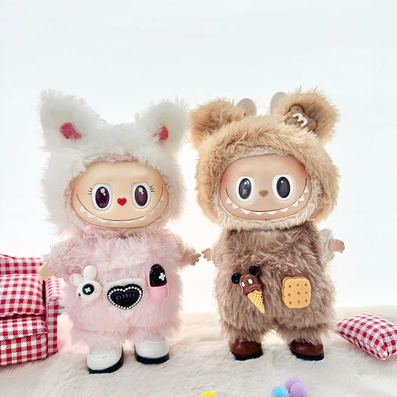 لدمى Labubu الكرتون لطيف صغير أفخم ملابس دمى حزام فستان أطفال مع سروال داخلي أفخم الحيوان الملابس الدمى DIY بها بنفسك اكسسوارات الهدايا