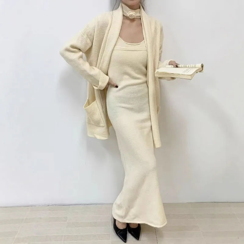 

Вязаный ветровой длинный комплект пальто, осень-зима, высокое качество, длинная юбка с v-образным вырезом и пуговицами, свободный крой, Корея E12256