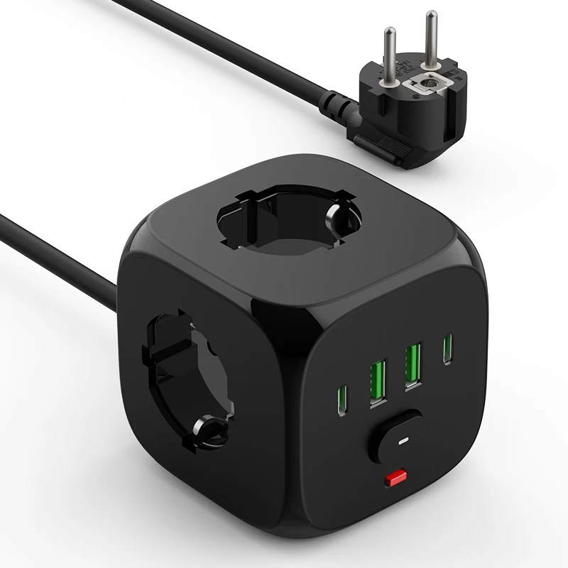 Multiprise murale avec prise EU, adaptateur de prise électrique, rallonge de 2 mètres