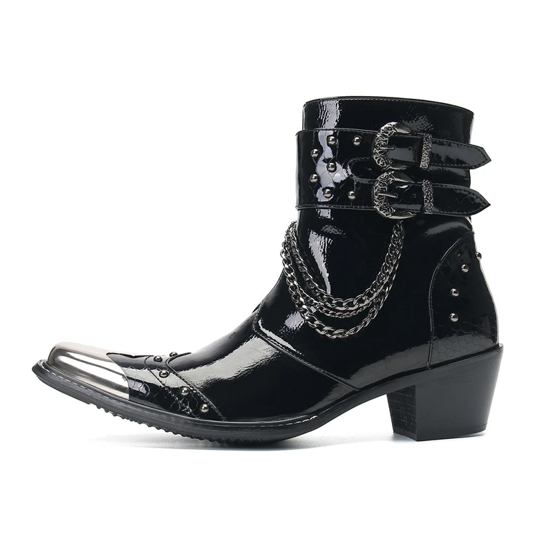 ハイレザーブーツ メンズ 本革 牛革 ジップ スクエアトゥ メタルヘッド ミッドカーフブーツ 5cm バックルストラップ 厚底ヒール 冬用ブーツ