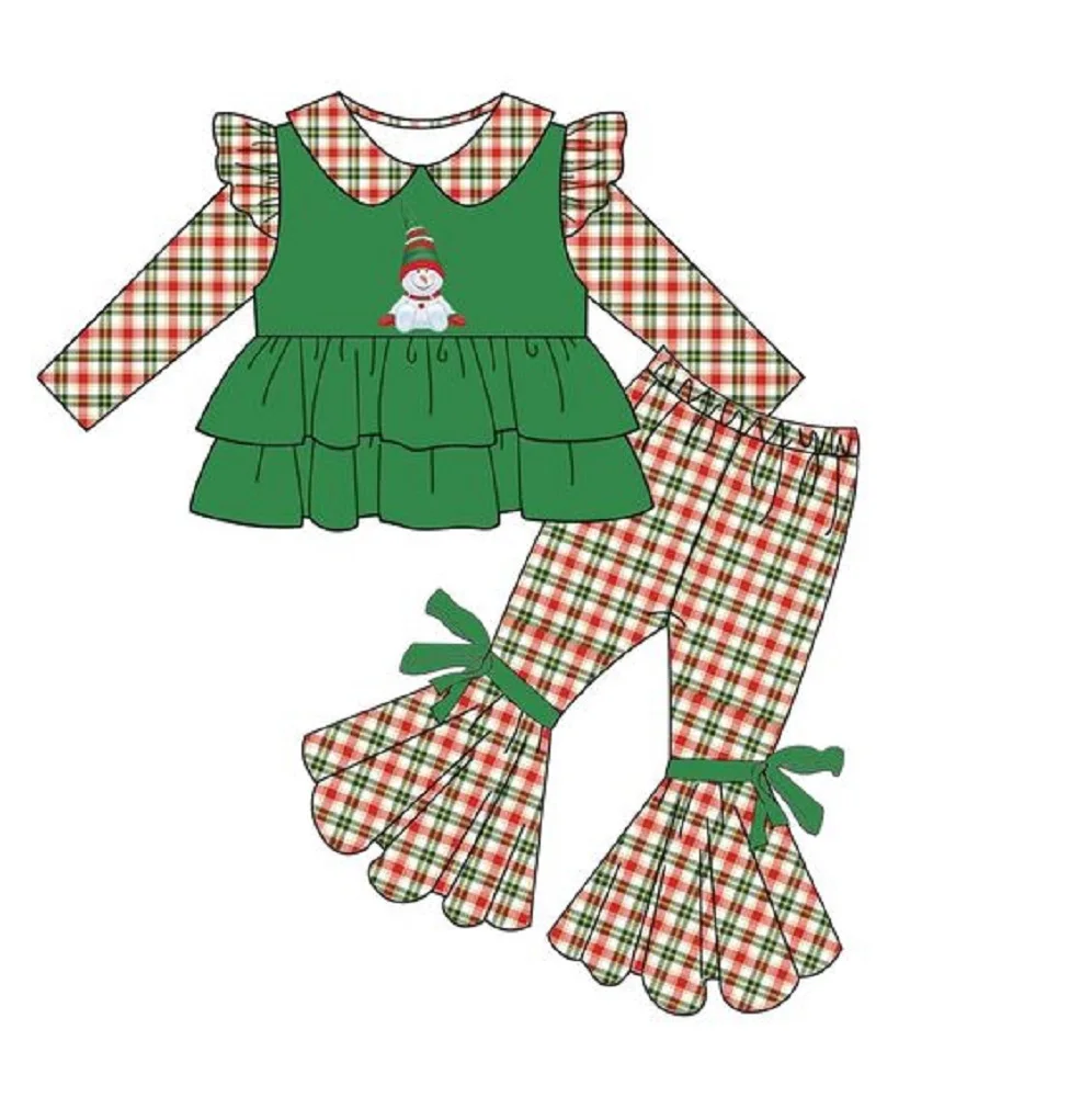 

Cute Cartoon Print Girls Autumn Long-Sleeved Trousers Christmas Green Lapel Top Bell-Bottoms Boutique Suit