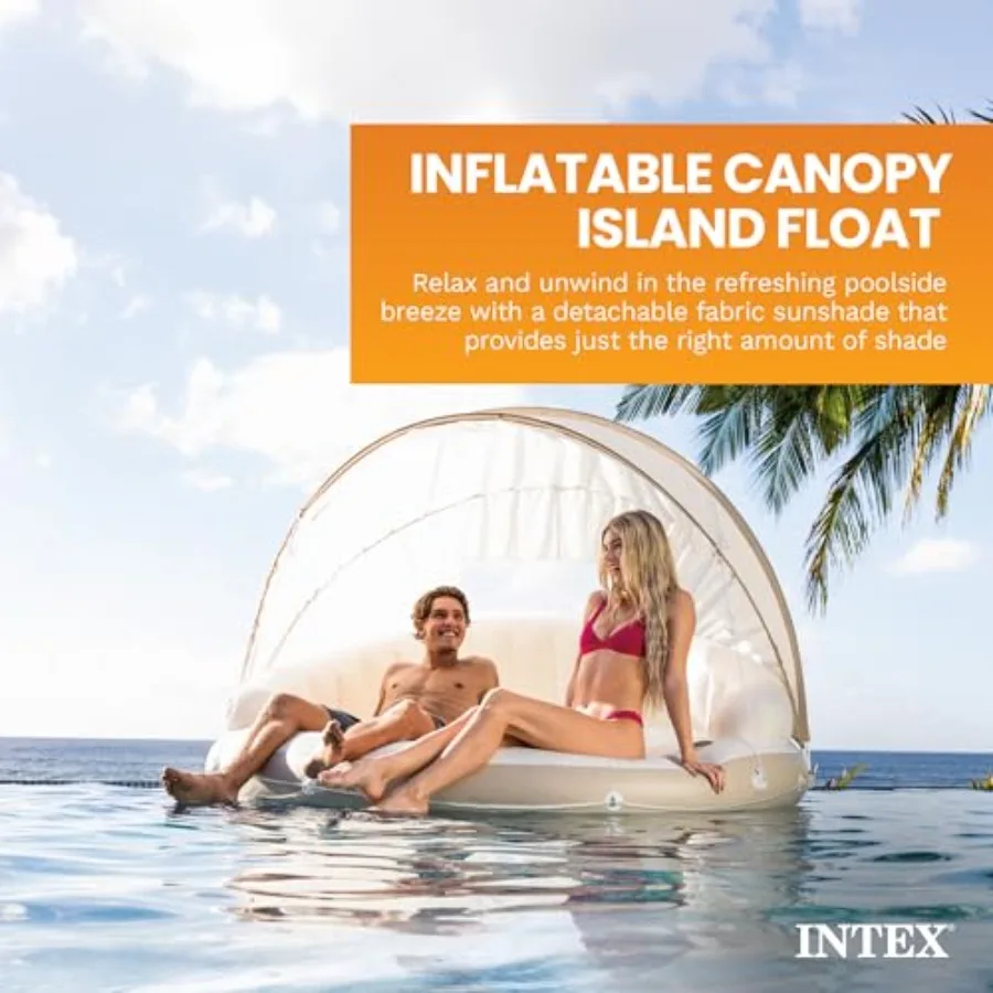 Canopy Island Inflatable Pool Float for outdoor relaxation PVC material blue color built-in cup holders and detachable sunshade