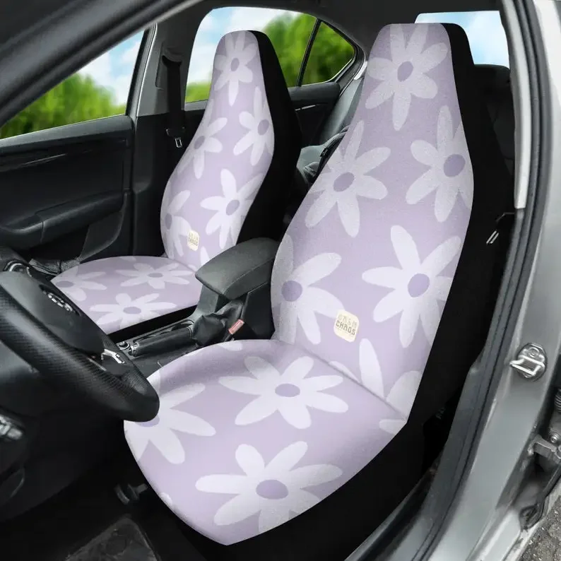 Groovy Lavender Flowers Cute Boho Daisy Car Danish Pastel Decor Car Seat Covers For Vehicle For Women Set of 2