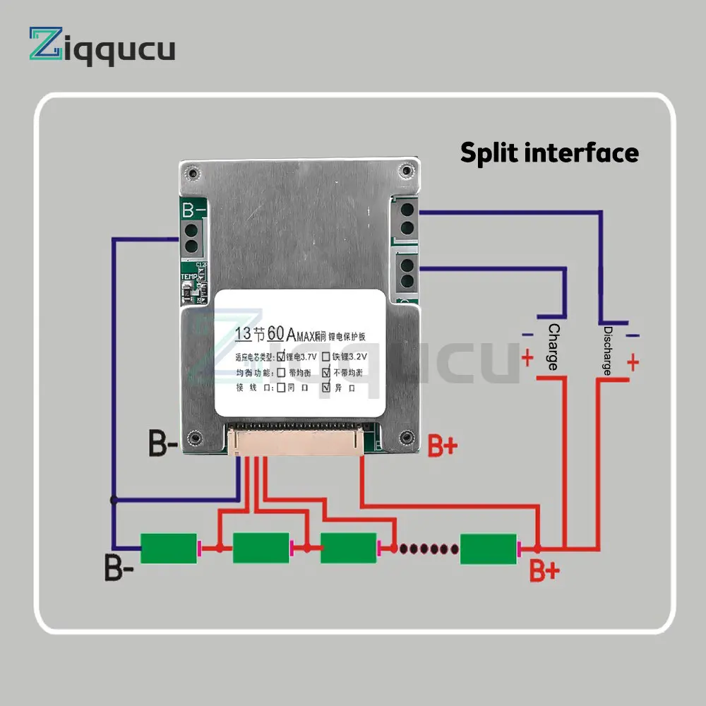 Imagem -06 - Módulo de Placa Bms de Bateria Compacta Bateria de Íon-lítio para Placa de Proteção Montagem Bms para Baterias 13s 48v 60a Duráveis