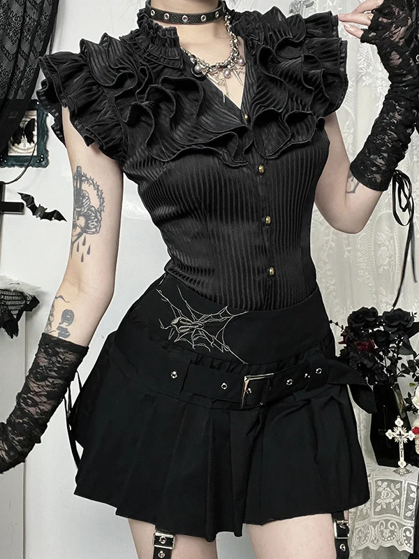 Japanese Rojita Pleated Skirt Short-sleeved Single-breasted Shirt Soft Girl Style Y2k Dark Black Short Maid Skirts For Women