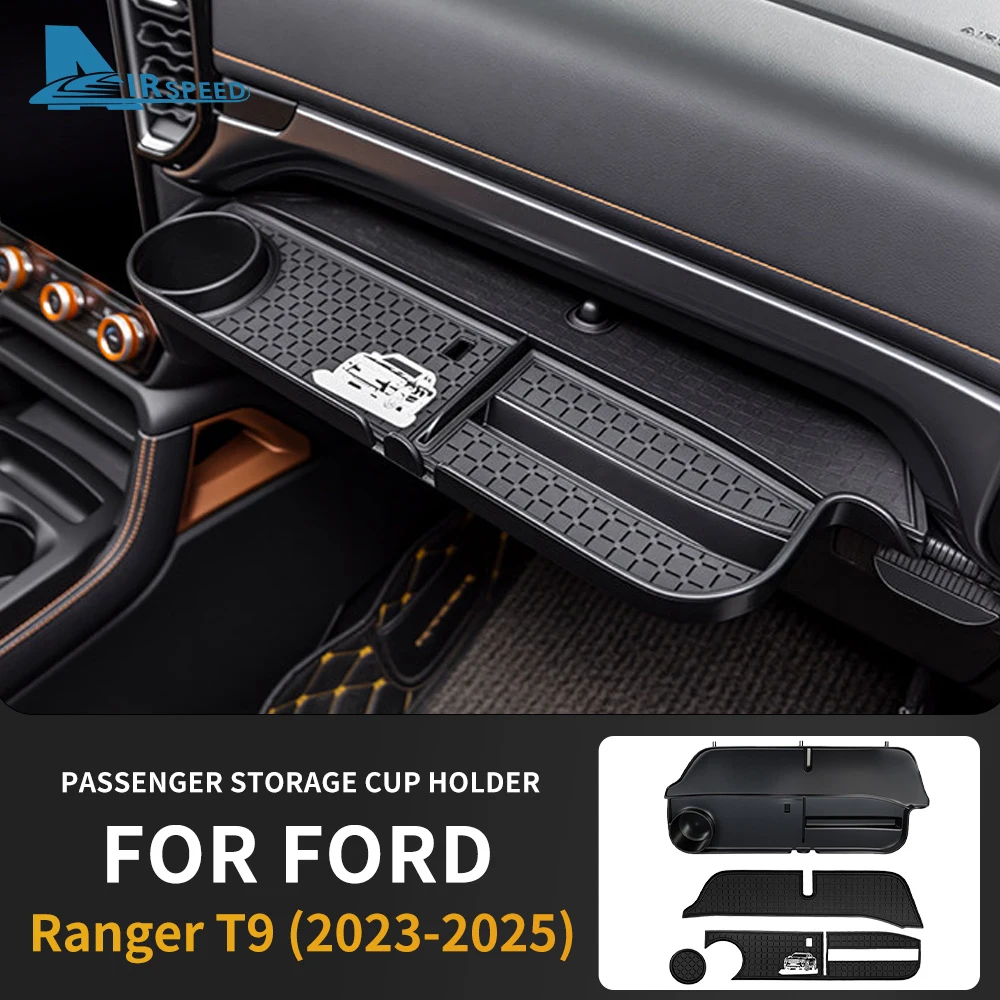 For Ford Ranger T9 2023 2024 2025 Co-pilot Storage Box Water Cup Holder ABS with Silicone Pat Carbon Texture Sticker Passenger