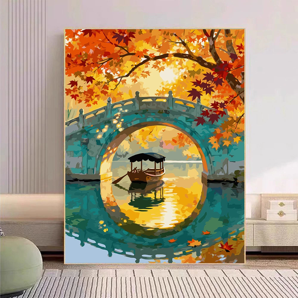 Oil Painting Autumn Maple Leaves Stone Arch Bridge Landscape By Numbers Modern Wall Decor for Living Room Bedroom Gift No Frame