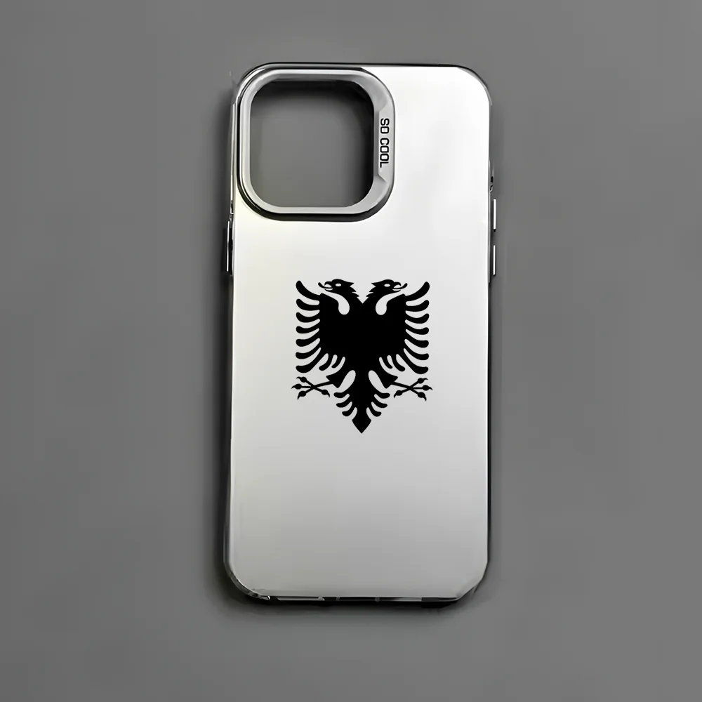 حافظة هاتف بخريطة العلم الألباني لهاتف آيفون 16 15 14 13 12 11 برو ماكس أسود غير لامع متعدد الألوان ليزر معدني أورورا فوندا #2