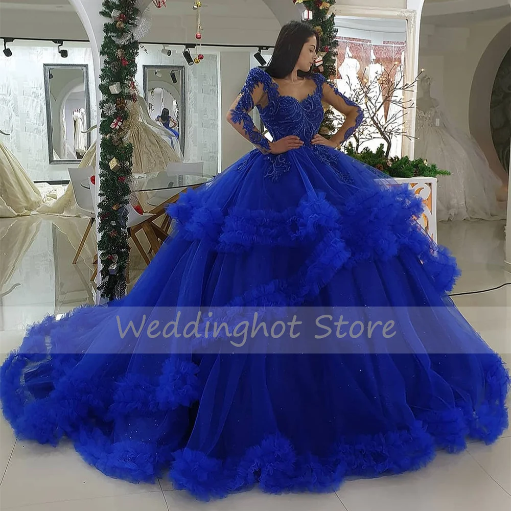 Quinceanera Dress Ball Gown Dark Royal Blue Tulle Long Sleeve Luxury Quinceanera Gown Sheer Scoop Applique Girl's Sweet 16 Dress