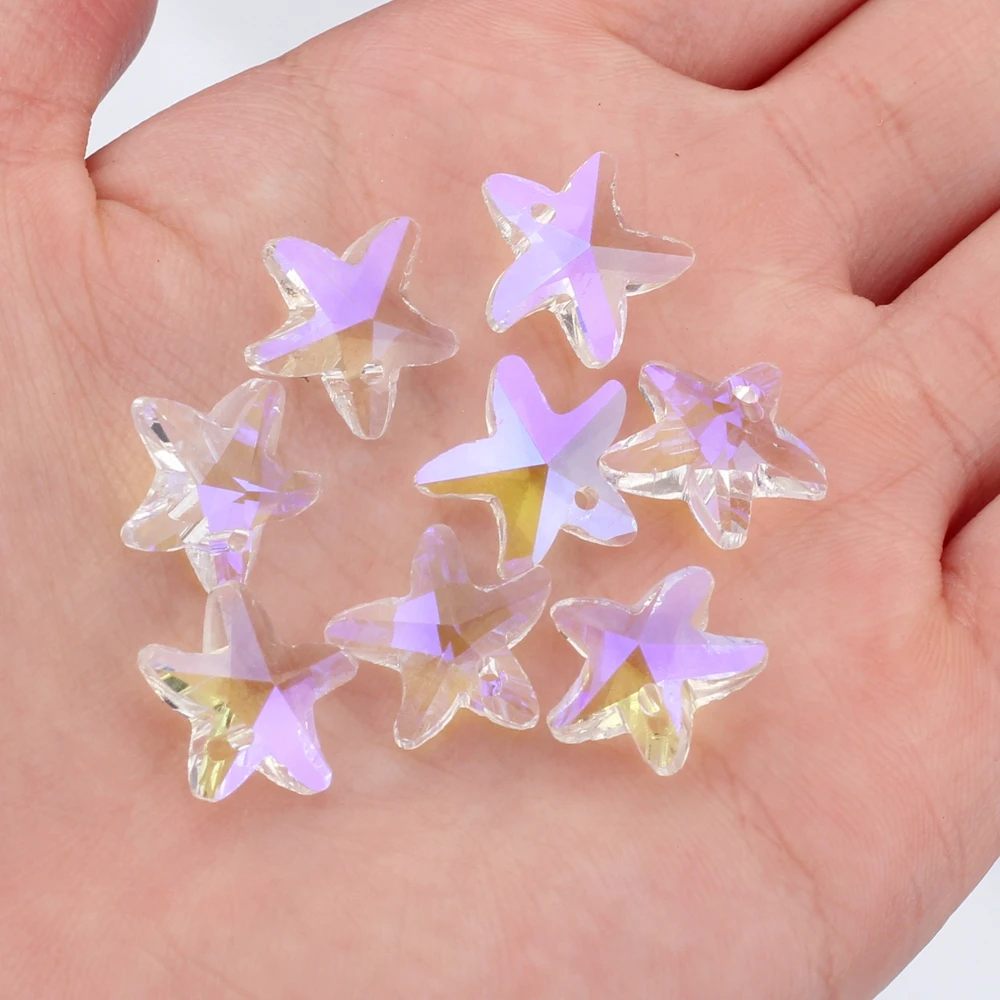 14mm 10 pcs/lot Crystal Glass Starfish Loose Beads Rainbow Color Sea Star Beads Pendant For DIY Handmade Jewelry Earring Making