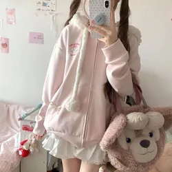 Kawaii Hooded Coat Women Zipper Jacket Cute Embroidery Pink Sweatshirts Y2k Hoodie Girl Lovely Overcoat New Clothing Spring Fall