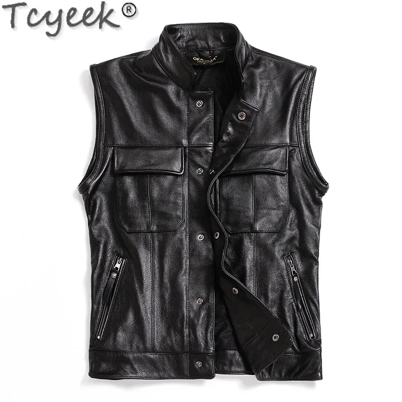 Men's Tcyeek Genuine Jacket Autumn Cowhide Leather Vest Motorcycle Men Sleeveless Short Coats Male Vests Chaquetas Lq512