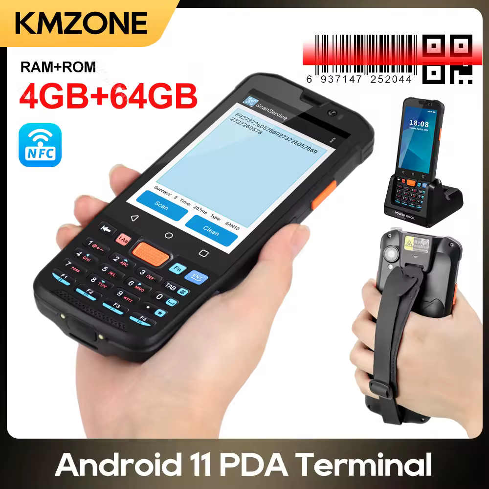 אנדרואיד 11 PDA תעשייתי 4GB+64GB RAM+ROM מסוף כף יד עם סורק ברקוד QR 1D 2D מכשיר בסיס מטען לאיסוף נתונים