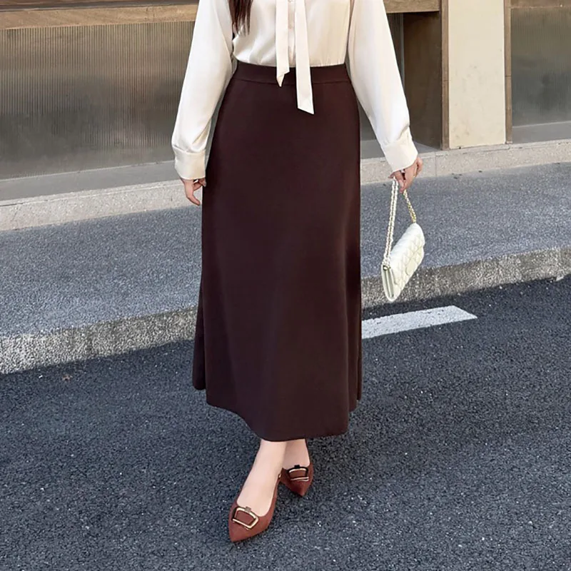 

Fashion Plus Size Women's Skirts Premium Elegant And high-end Coffee A-line Wool Knitted Skirt Autumn New Commuting 9414