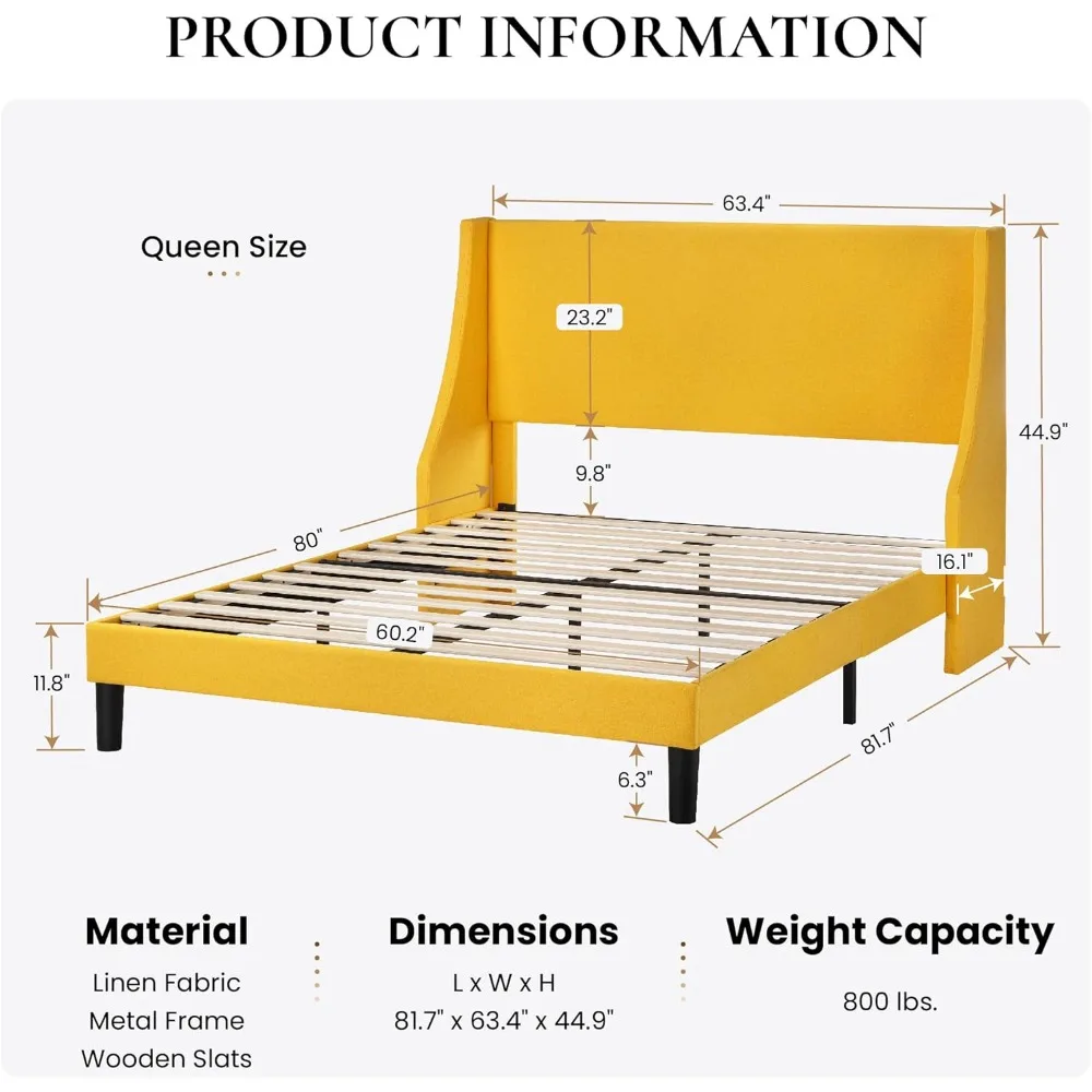 Bed Frame Queen Size with Streamlined Wingback Headboard, Breathable Linen Fabric, Solid Wooden Slats, Easy Assembly, Bed Bases