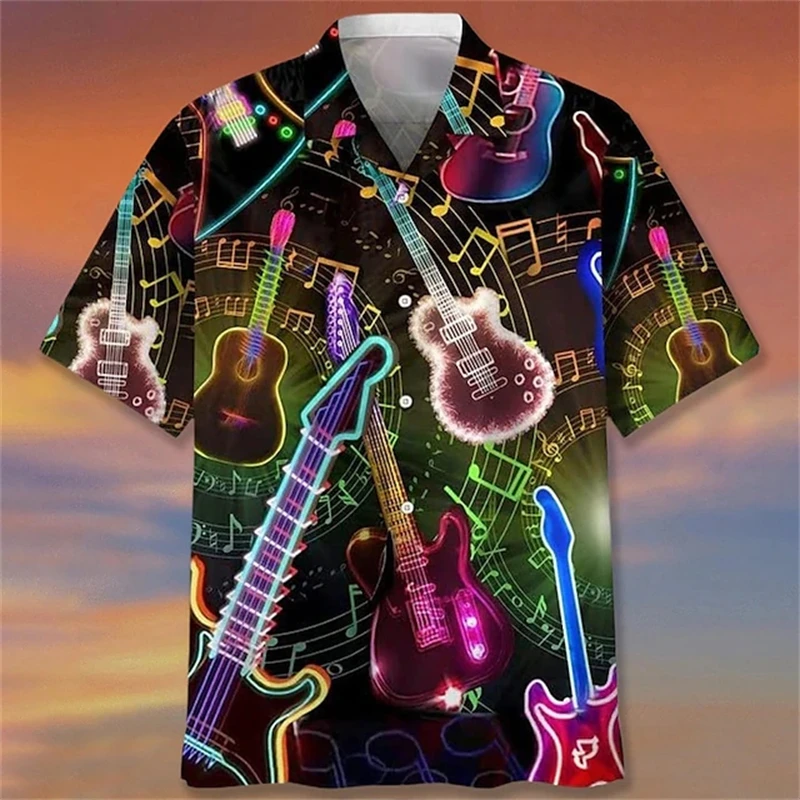 Funny Summer Hawaiian Shirts For Men Music Guitar Printed Tops Clothing Fashion Casual Oversized Collar Rock And Roll Blouses