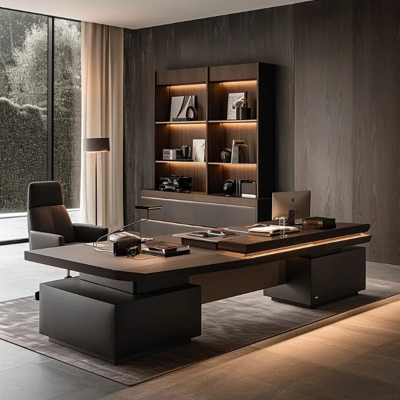 Modern Executive Office Desk with Side Cabinet Large Manager Desk Contemporary Wooden Workstation for Office