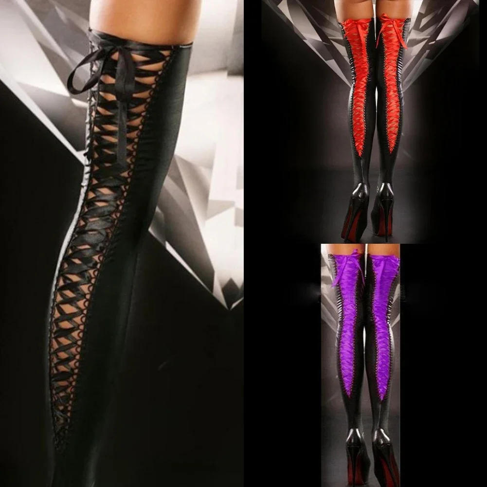 Fashion Women\'s Stockings Lingerie Sexy Clubwear Thigh-High Sock Patent Leather Female Bandage Long Socks