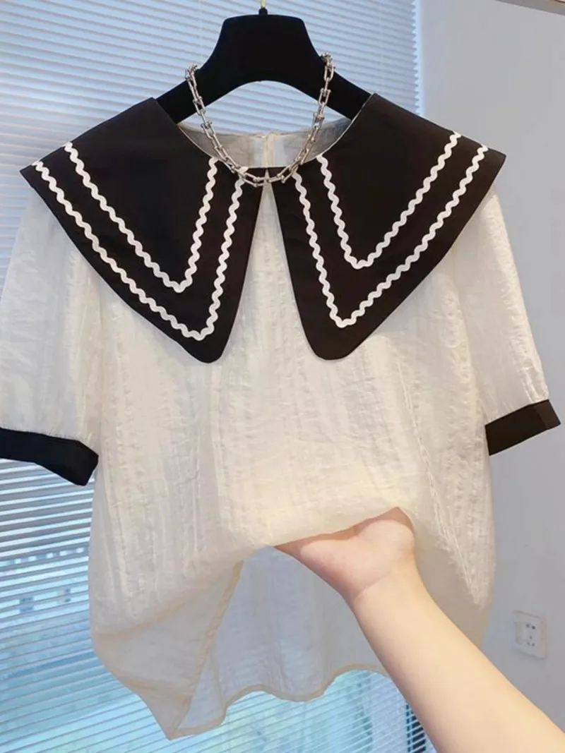 

Peter Pan Collar Contrast Color Patchwork Shirts Pullover Short Sleeve Chiffon Blouses Blusas Mujer De Moda 2024 Summer New