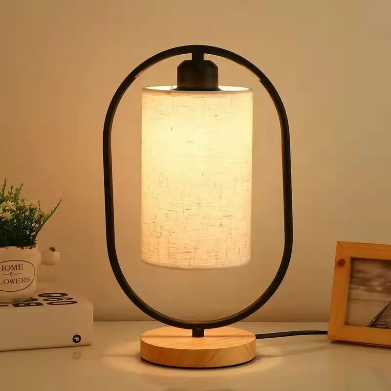 Wooden Table Lamp New Chinese Style Bedside Light LED Fabric Vintage Desk Lights for Living Room Study Room Decorative