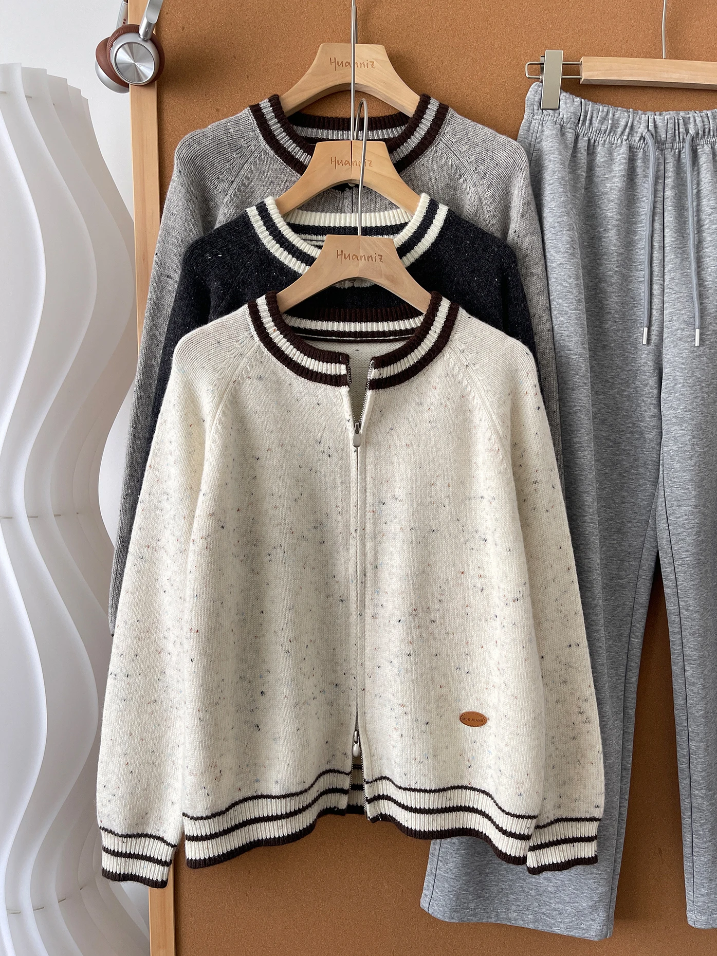 

Осенне-зимний женский вязаный кардиган-пальто с цветовыми блоками, круглым вырезом, двойной молнией, утолщенный, мягкий, с цветочным узором