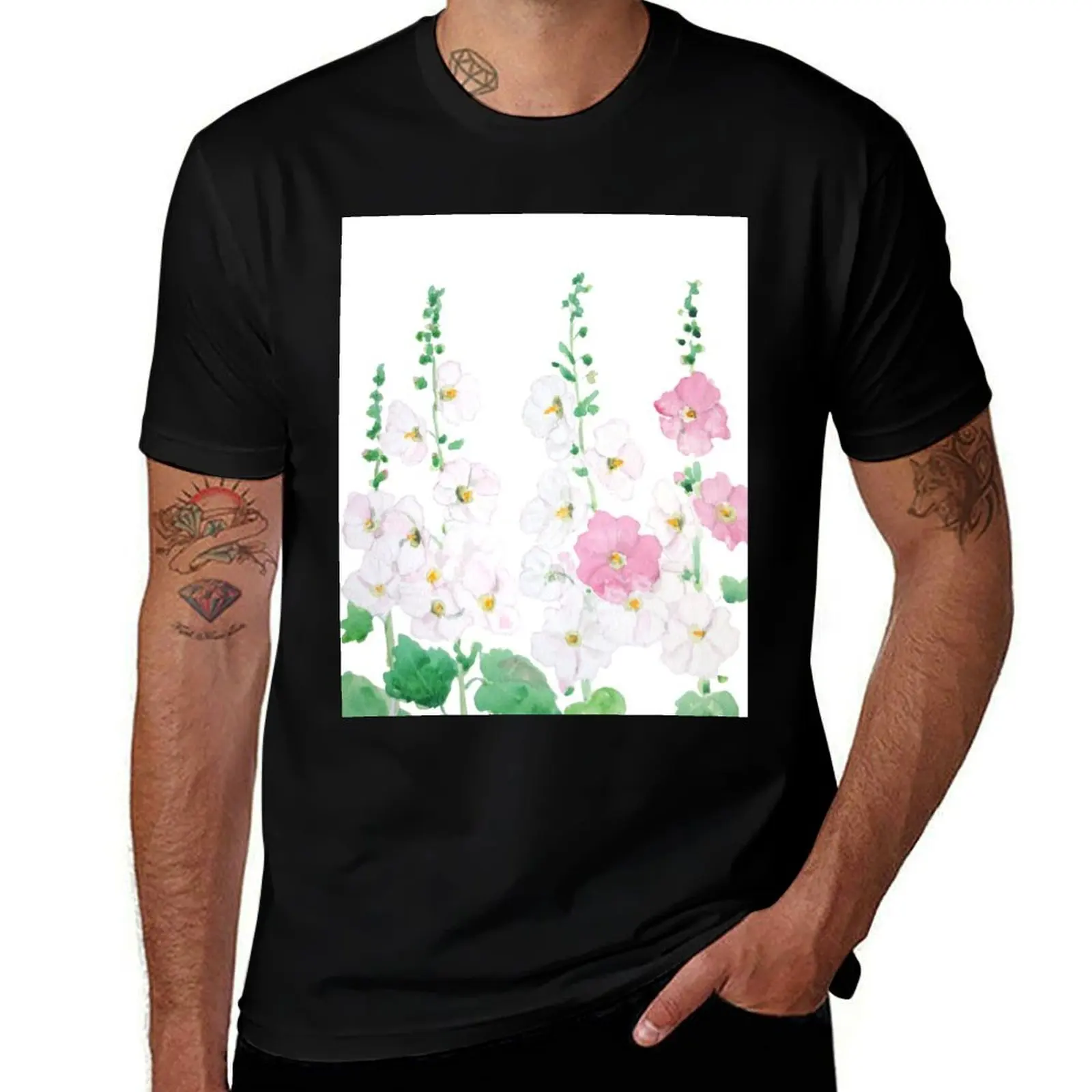 

hand painted pink and white hollyhocks flowers watercolor T-Shirt Work Short Sleeve Cotton Top