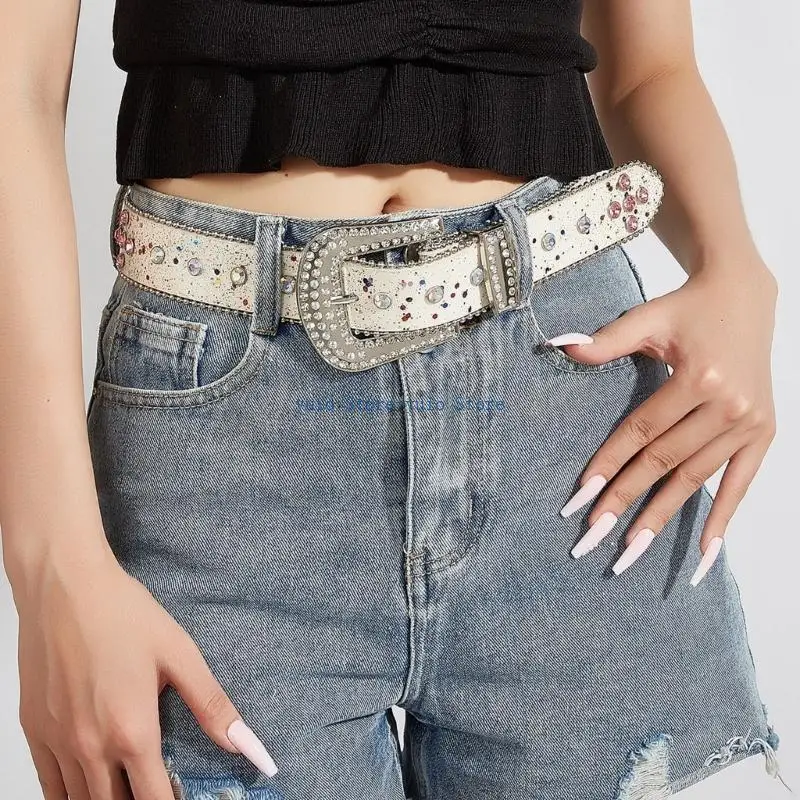 X7XB Rhinestones Belt Eye Catching Skinny Belt Pants Belt Blingbling Waist Ornament