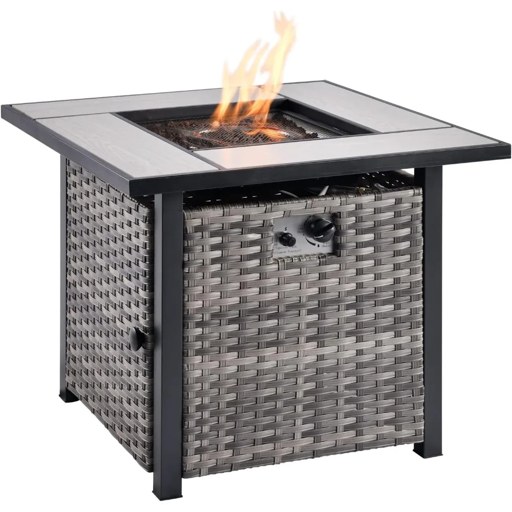 

30-дюймовый уличный стол для костра, газовые пропановые колышки 50 000 БТЕ со стальной крышкой, водонепроницаемая крышка из лавового камня, плетеные столы