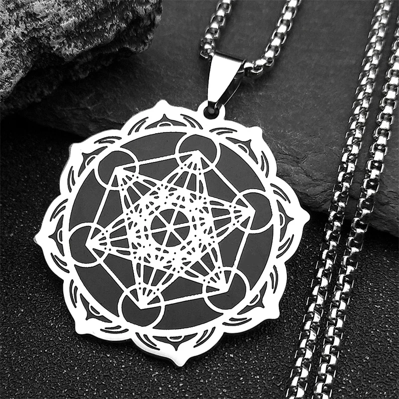 Sacred Geometry Metatron Cube Angel Seal Archangel Necklace for Women Men Stainless Steel Flower of Life Lotus Chain Jewelry