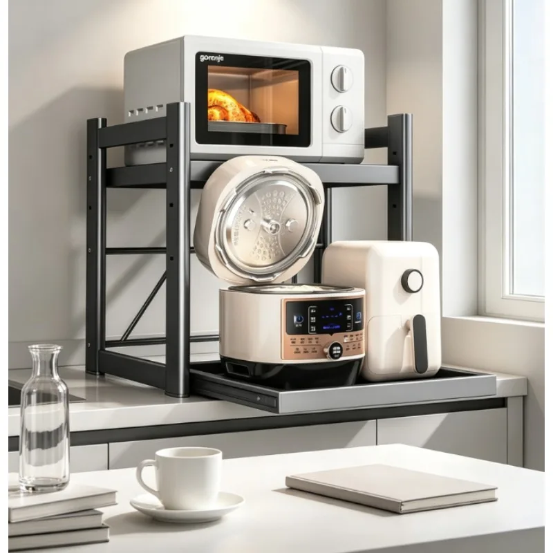 Kitchen Countertop Storage Rack with Sliding Drawer, for Microwave Air Fryer Rice Cooker, Space-Saving Sturdy Metal Organizer